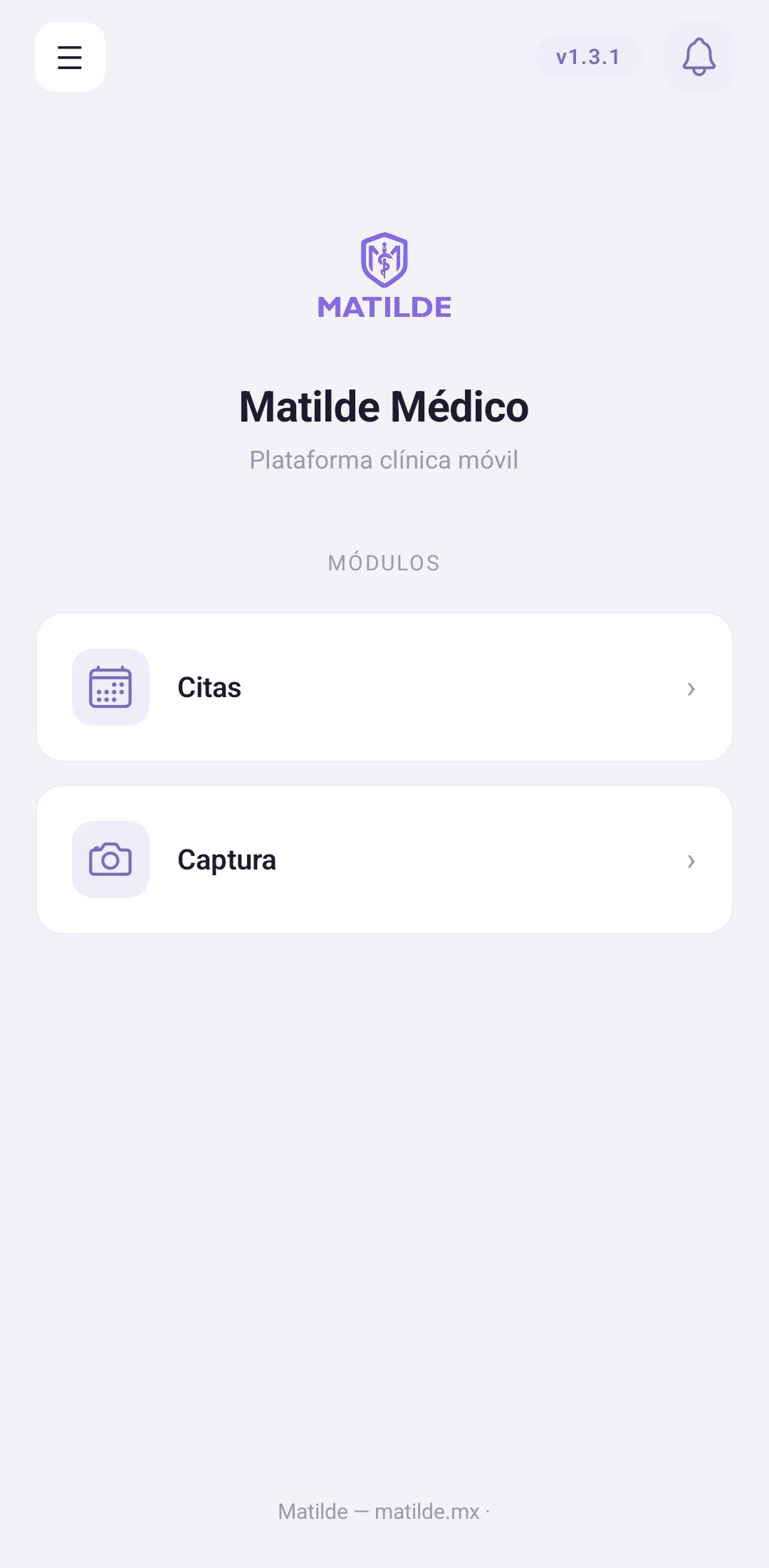 Pantalla de la app Matilde Médico para Android e iOS